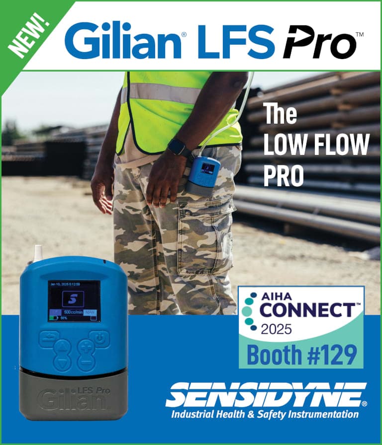 A worker wearing a Gilian LFS Pro personal air sampling pump from Sensidyne